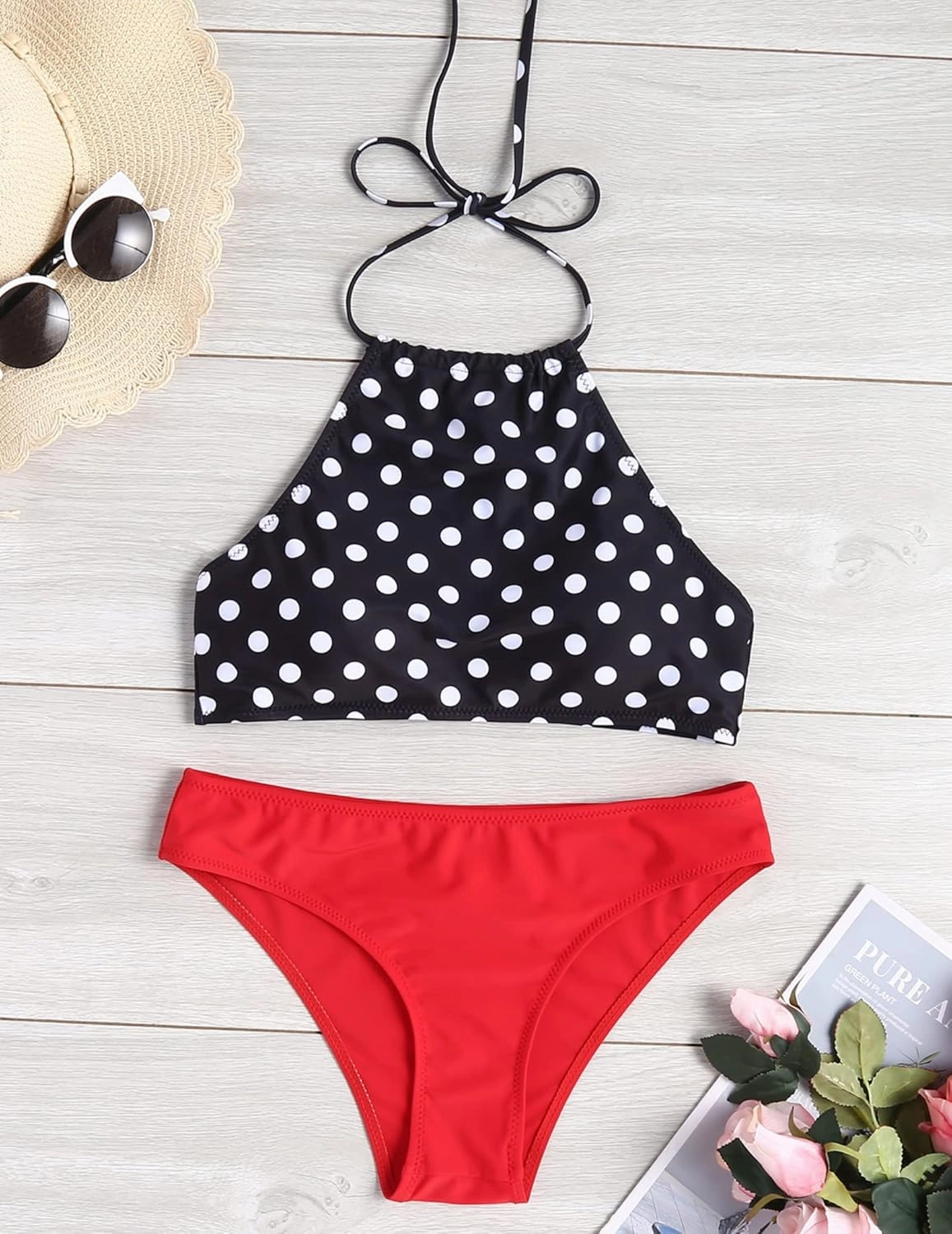 Ekouaer High Neck Halter Bikini Top Floral Swimsuits Two Piece Bathing Suits Triangle Bottoms for Women Teen Juniors XS-XXL
