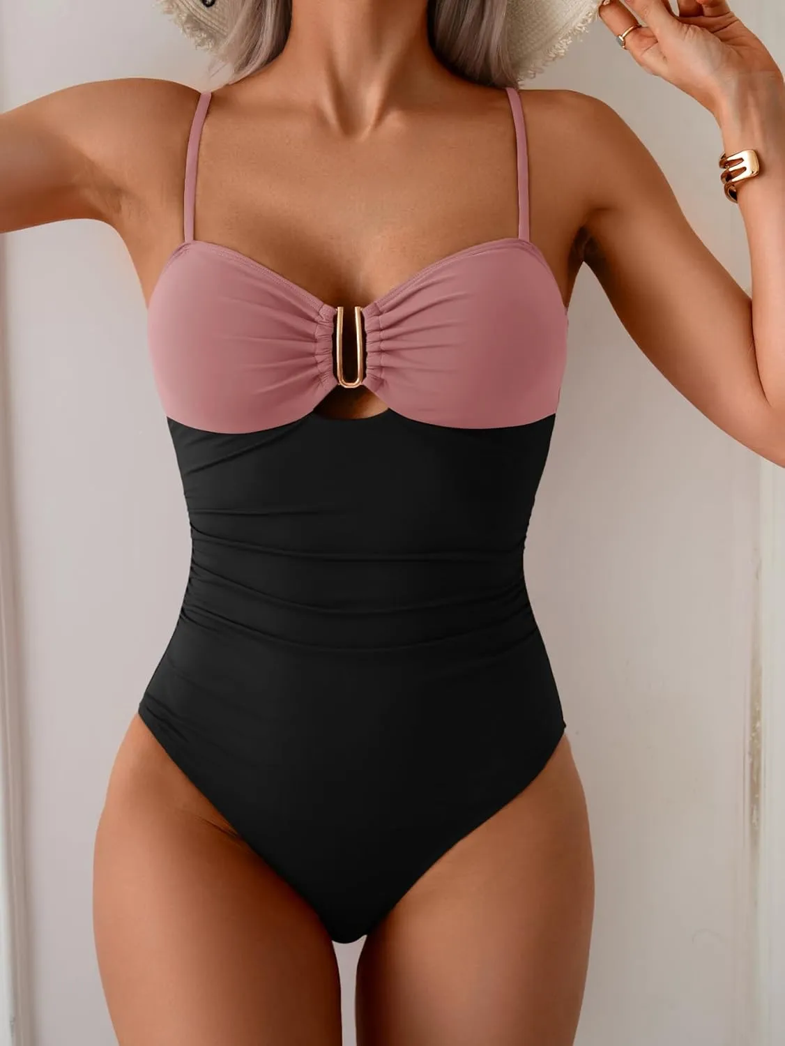 Eomenie One Piece Swimsuit for Women Tummy Control Ruched Bathing Suit Cutout U Wire Swim Suits