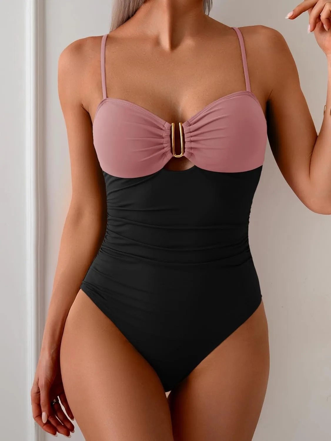 Eomenie One Piece Swimsuit for Women Tummy Control Ruched Bathing Suit Cutout U Wire Swim Suits
