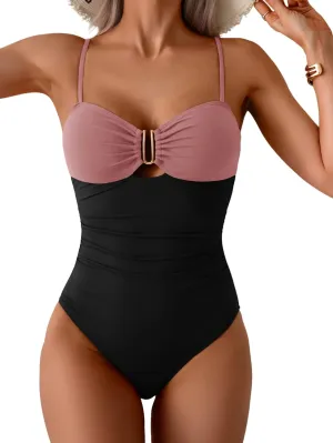 Eomenie One Piece Swimsuit for Women Tummy Control Ruched Bathing Suit Cutout U Wire Swim Suits