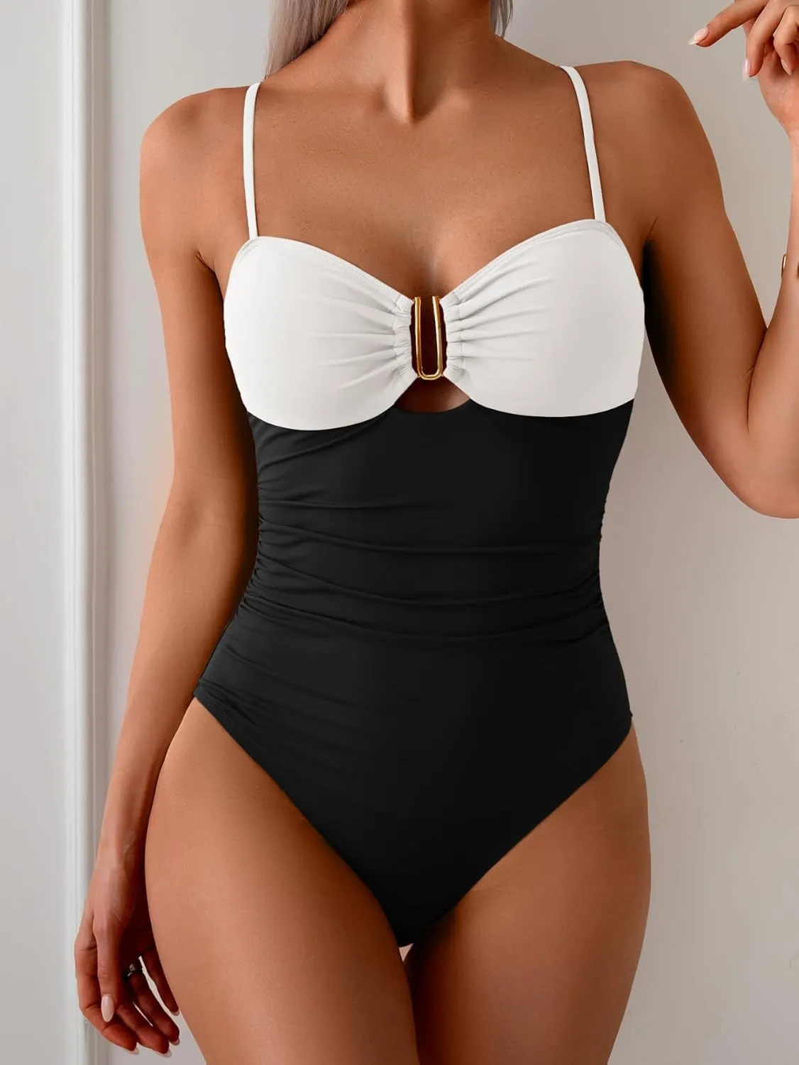 Eomenie One Piece Swimsuit for Women Tummy Control Ruched Bathing Suit Cutout U Wire Swim Suits