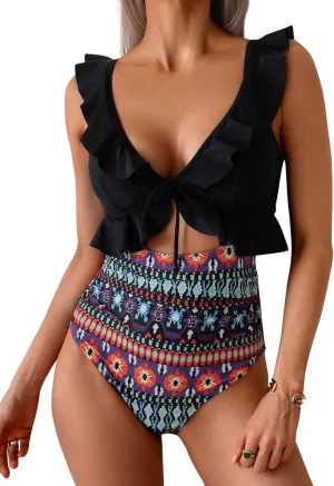 Eomenie One Piece Swimsuit for Women Tummy Control Ruffle Bathing Suit V Neck Ruched Swim Suit Slimming Cutout Swimwear