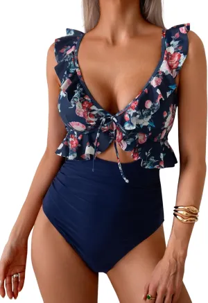 Eomenie One Piece Swimsuit for Women Tummy Control Ruffle Bathing Suit V Neck Ruched Swim Suit Slimming Cutout Swimwear