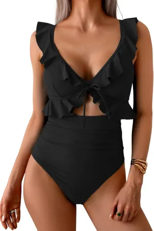 Eomenie One Piece Swimsuit for Women Tummy Control Ruffle Bathing Suit V Neck Ruched Swim Suit Slimming Cutout Swimwear