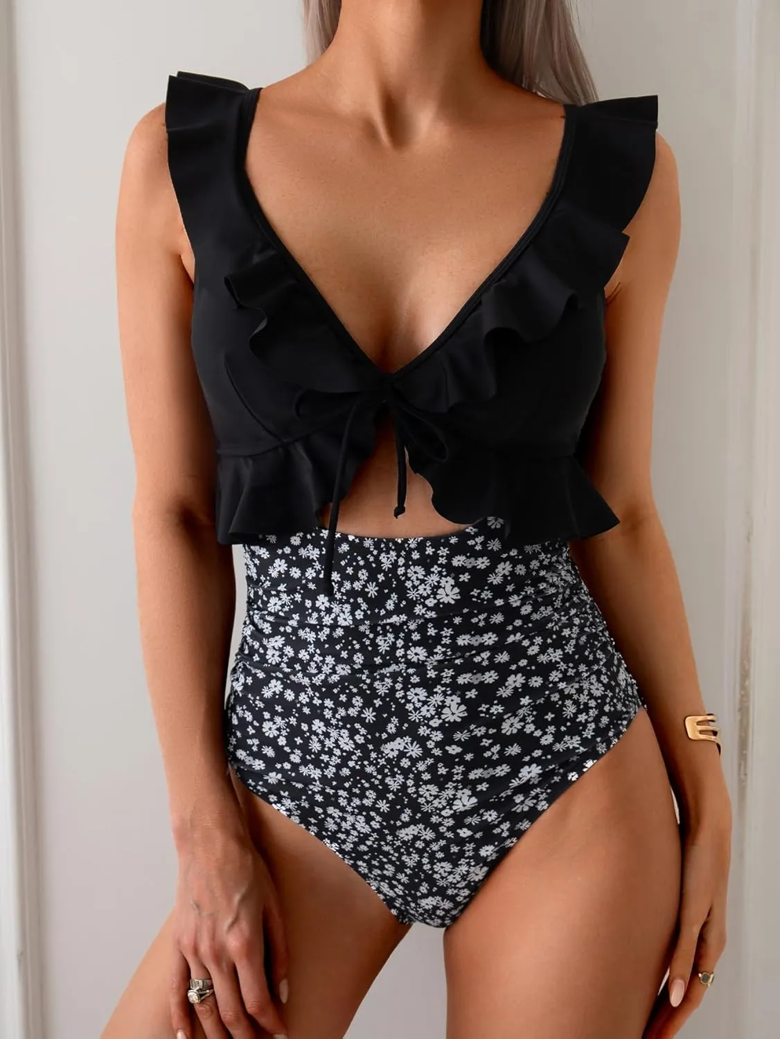 Eomenie One Piece Swimsuit for Women Tummy Control Ruffle Bathing Suit V Neck Ruched Swim Suit Slimming Cutout Swimwear