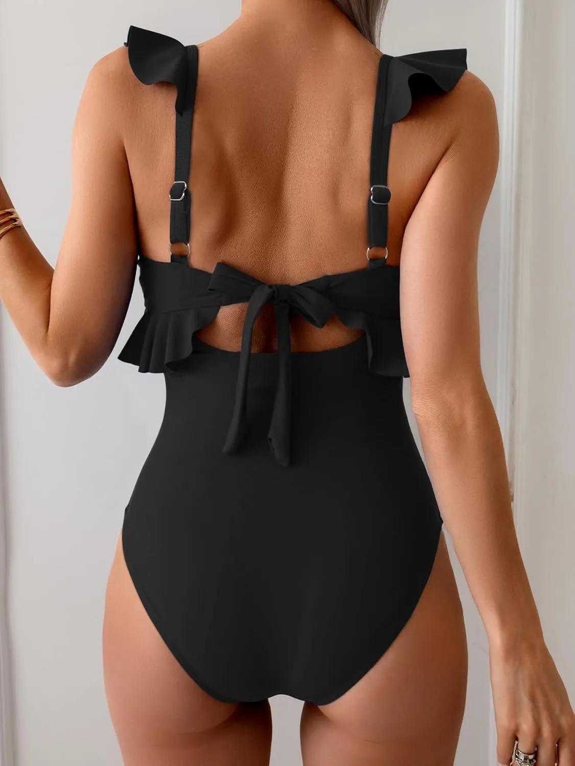 Eomenie One Piece Swimsuit for Women Tummy Control Ruffle Bathing Suit V Neck Ruched Swim Suit Slimming Cutout Swimwear