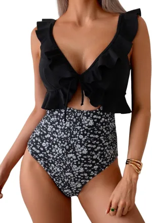 Eomenie One Piece Swimsuit for Women Tummy Control Ruffle Bathing Suit V Neck Ruched Swim Suit Slimming Cutout Swimwear