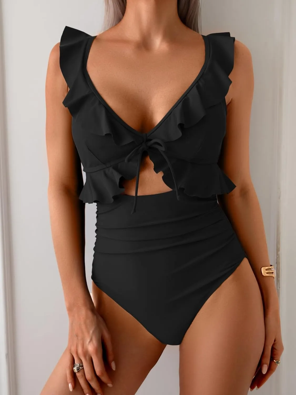 Eomenie One Piece Swimsuit for Women Tummy Control Ruffle Bathing Suit V Neck Ruched Swim Suit Slimming Cutout Swimwear