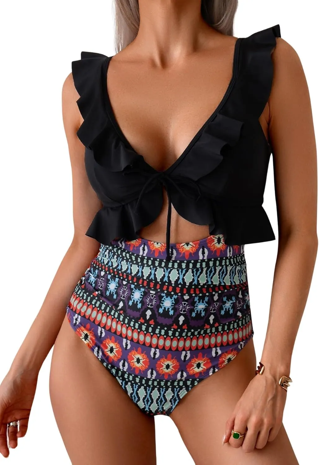 Eomenie One Piece Swimsuit for Women Tummy Control Ruffle Bathing Suit V Neck Ruched Swim Suit Slimming Cutout Swimwear