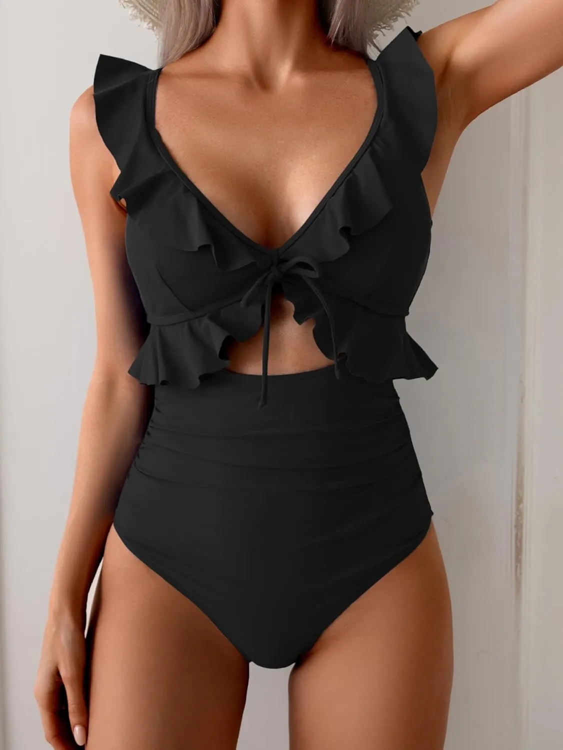 Eomenie One Piece Swimsuit for Women Tummy Control Ruffle Bathing Suit V Neck Ruched Swim Suit Slimming Cutout Swimwear