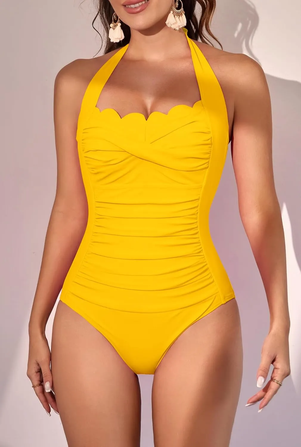 Eomenie Women One Piece Tummy Control Swimsuit Halter Scallop Trim Bathing Suits 1 Piece Vintage Ruched Slimming Swimwear