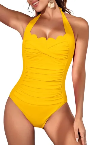 Eomenie Women One Piece Tummy Control Swimsuit Halter Scallop Trim Bathing Suits 1 Piece Vintage Ruched Slimming Swimwear