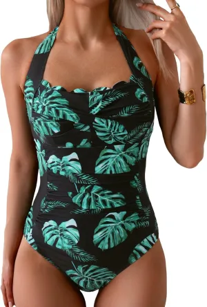 Eomenie Women One Piece Tummy Control Swimsuit Halter Scallop Trim Bathing Suits 1 Piece Vintage Ruched Slimming Swimwear