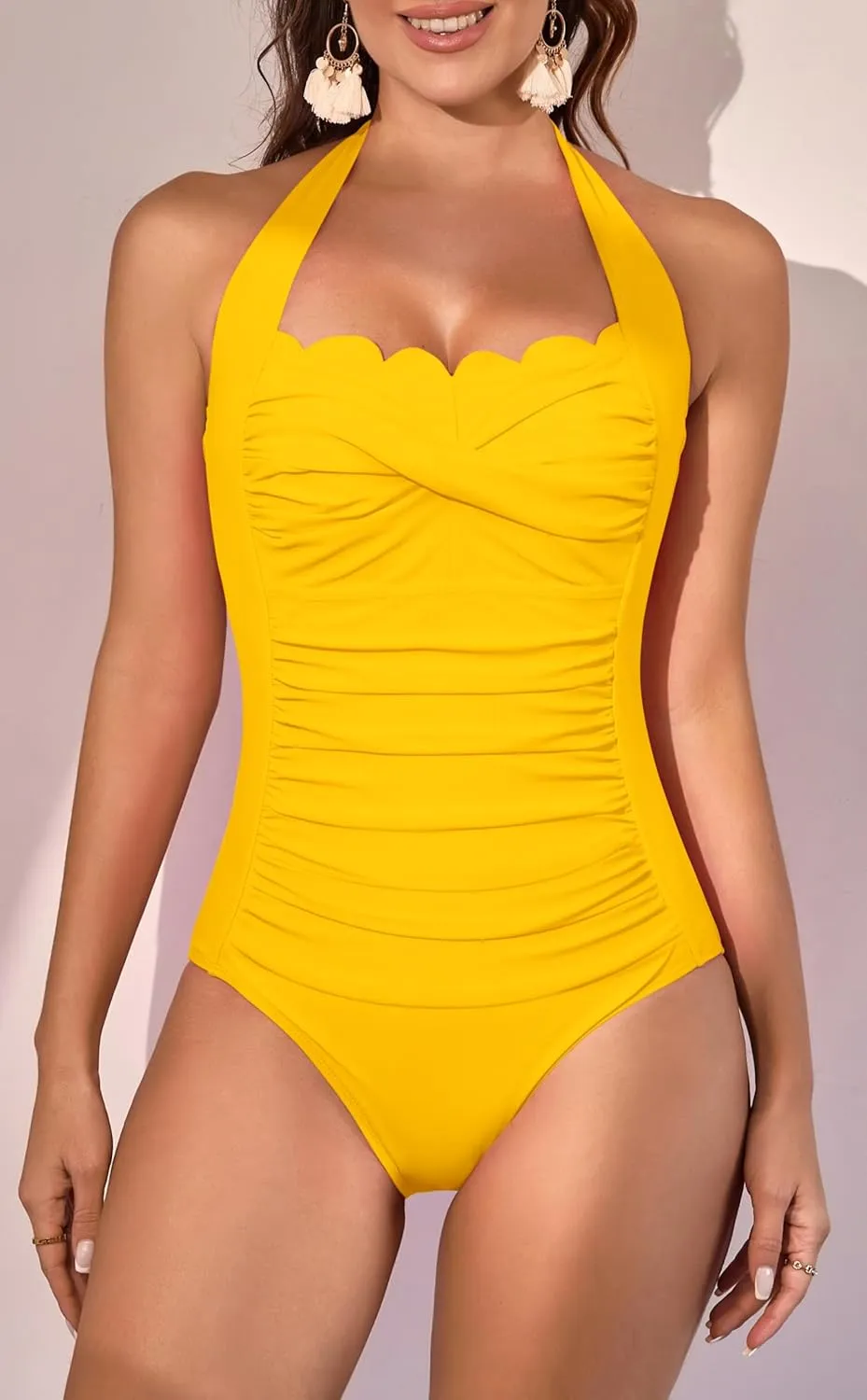 Eomenie Women One Piece Tummy Control Swimsuit Halter Scallop Trim Bathing Suits 1 Piece Vintage Ruched Slimming Swimwear