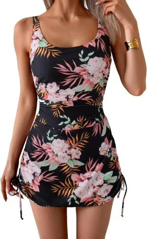 Eomenie Women's One Piece Swimdress Swimsuit with Drawstring Tummy Control Bathing Suits Push Up Swim Dresses with Bottom