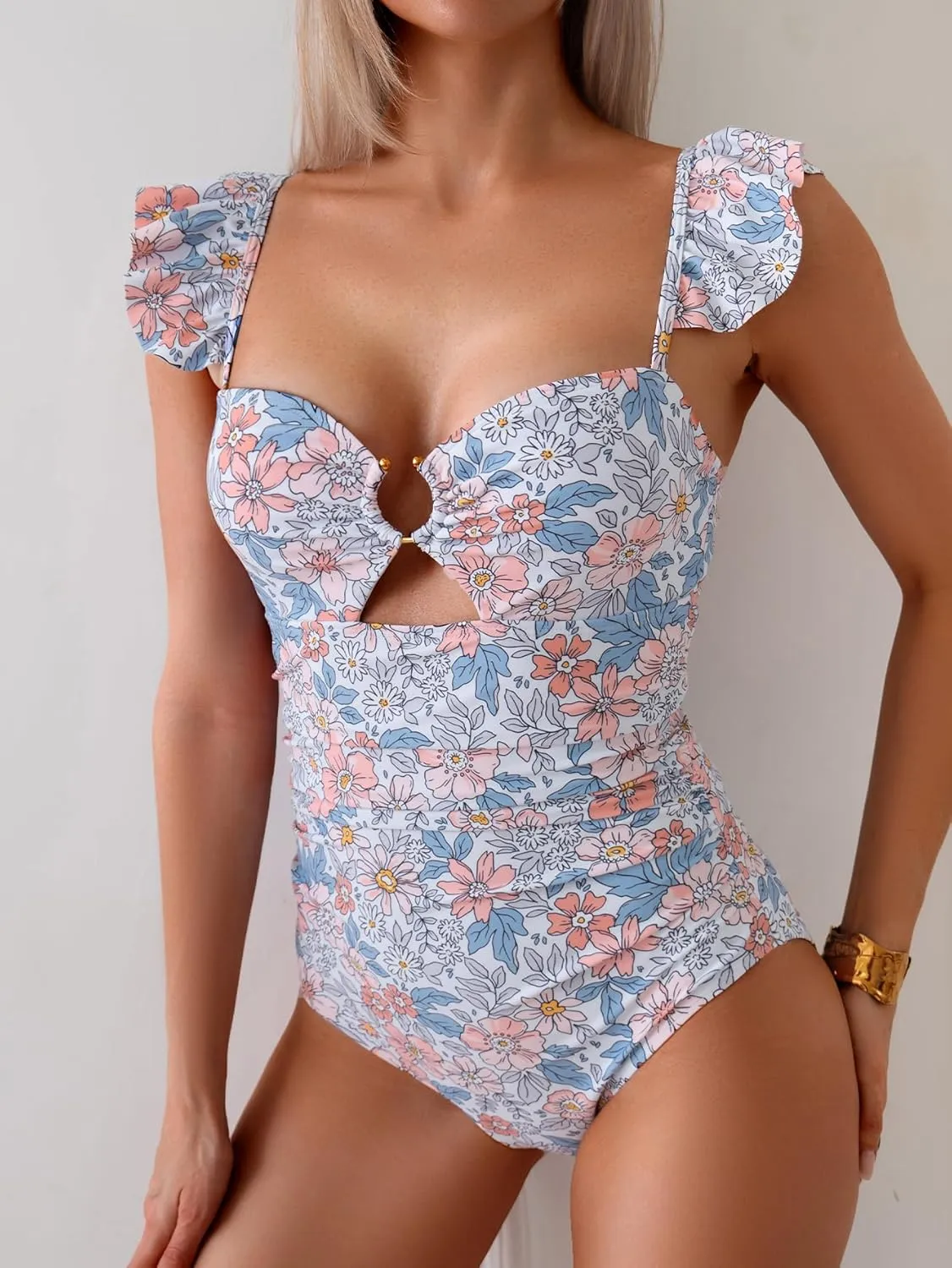 Eomenie Women's One Piece Swimsuit Tummy Control Bathing Suit Ruffle Cutout Slimming Swimwear