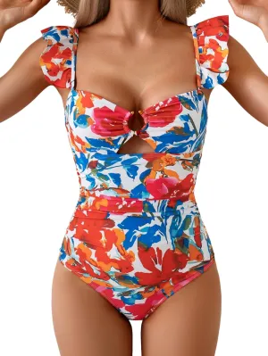 Eomenie Women's One Piece Swimsuit Tummy Control Bathing Suit Ruffle Cutout Slimming Swimwear