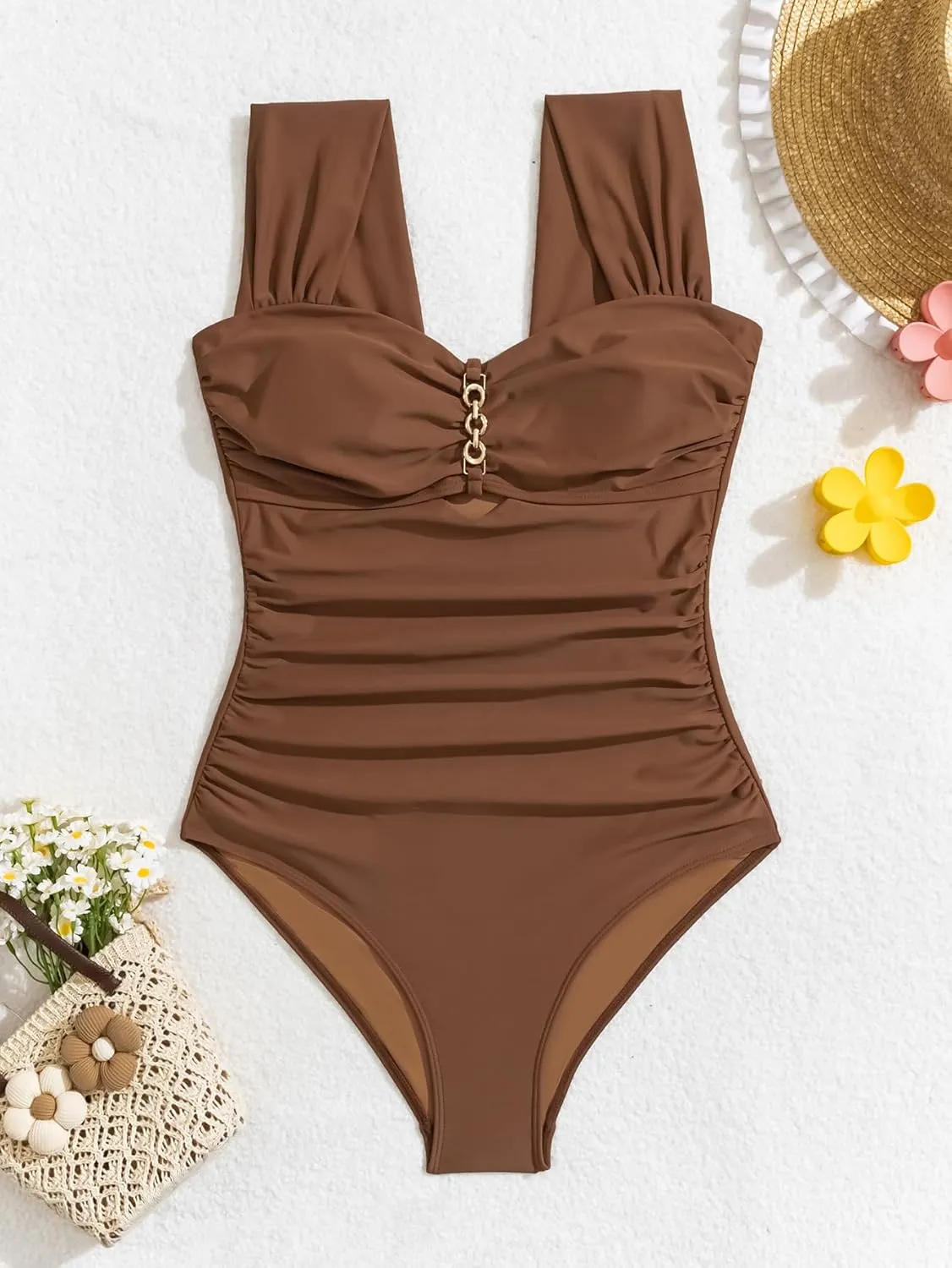 Eomenie Women's One Piece Swimsuit Tummy Control Cutout Bathing Suit Push Up Wide Straps Swim Suit