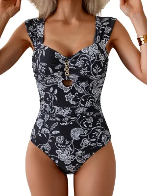 Eomenie Women's One Piece Swimsuit Tummy Control Cutout Bathing Suit Push Up Wide Straps Swim Suit