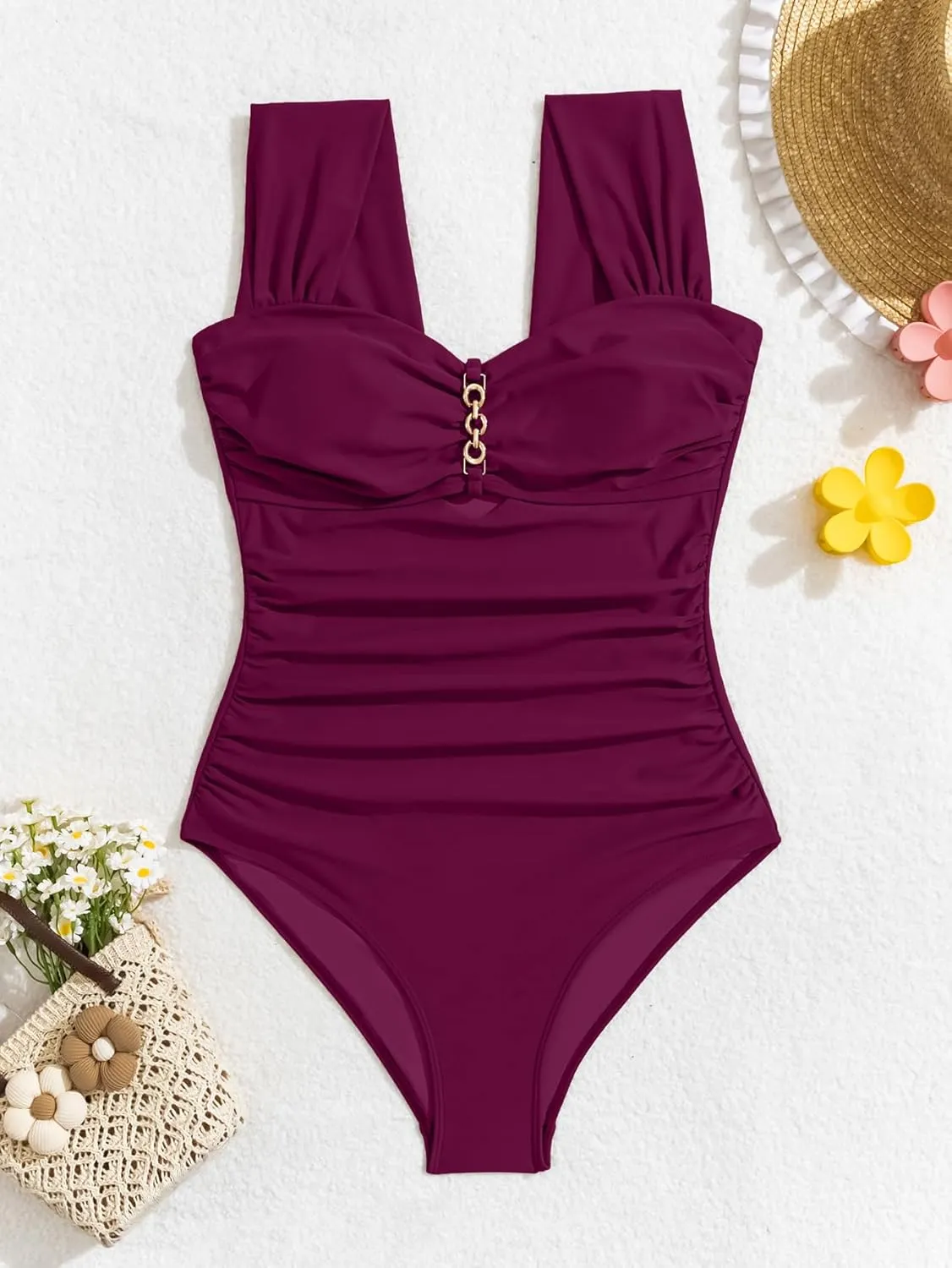 Eomenie Women's One Piece Swimsuit Tummy Control Cutout Bathing Suit Push Up Wide Straps Swim Suit
