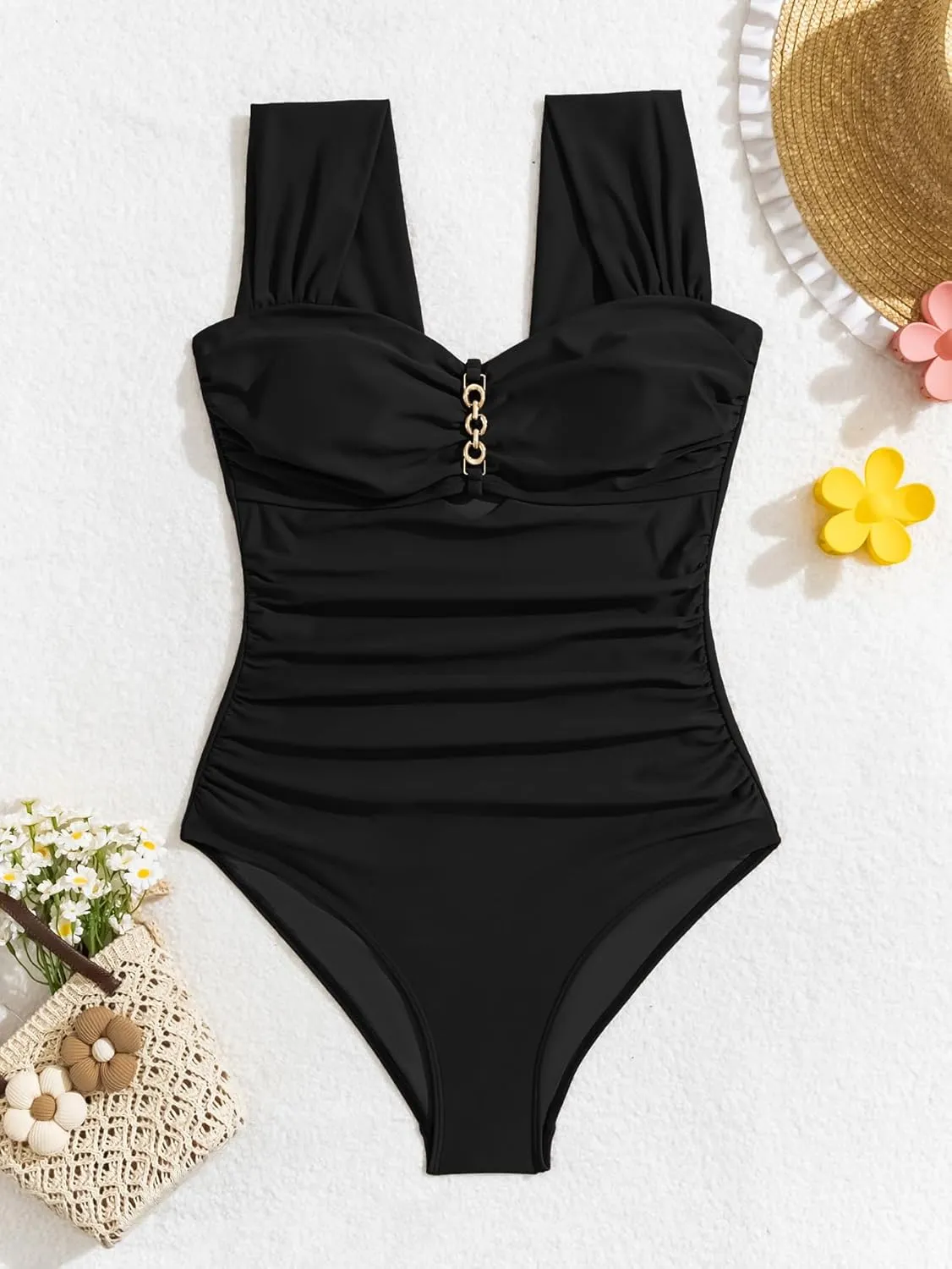 Eomenie Women's One Piece Swimsuit Tummy Control Cutout Bathing Suit Push Up Wide Straps Swim Suit