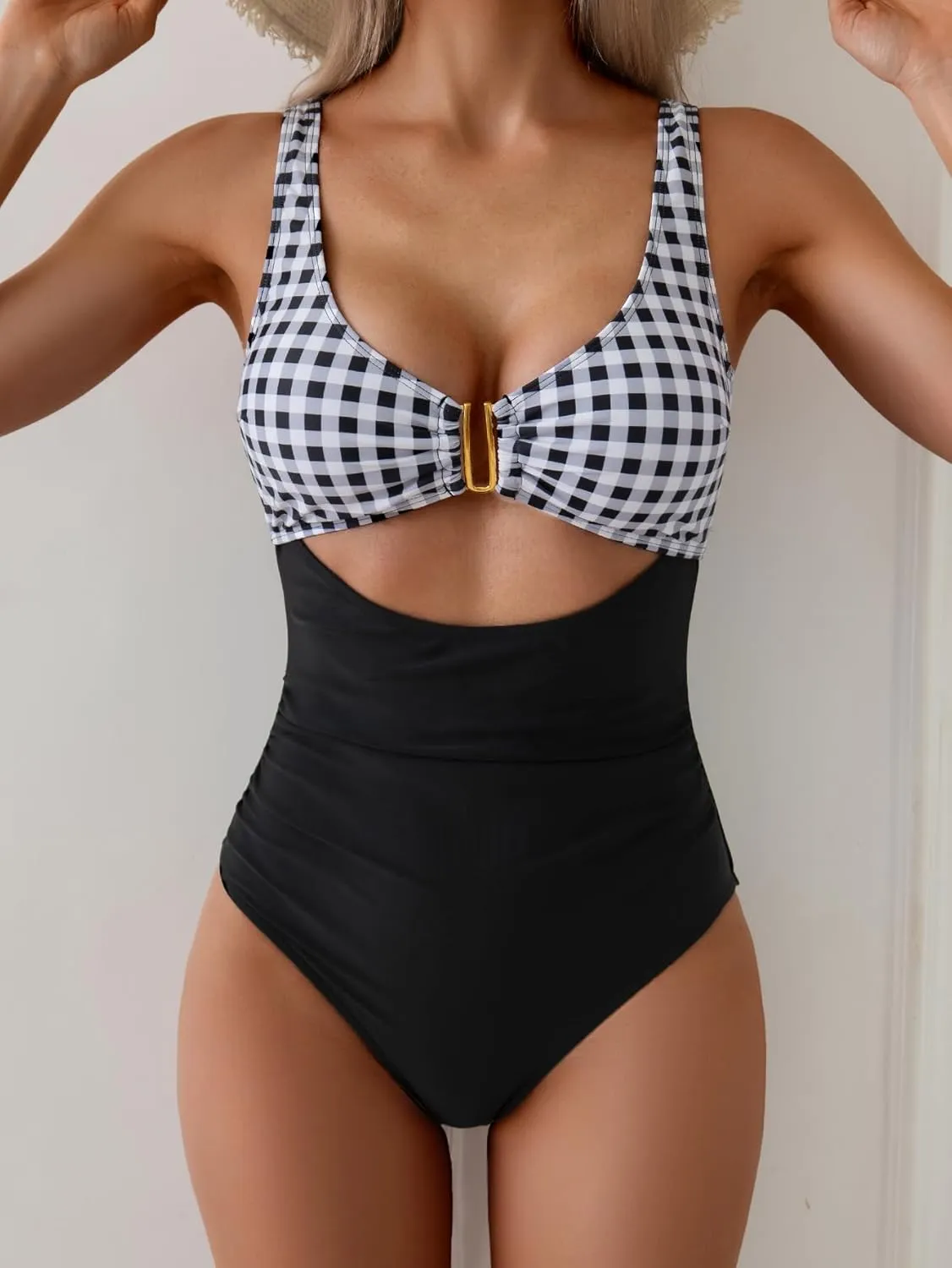 Eomenie Women's One Piece Swimsuit Tummy Control Ruched Bathing Suit Cutout V Neck Swimwear High Cut Tie Back Swim Suit