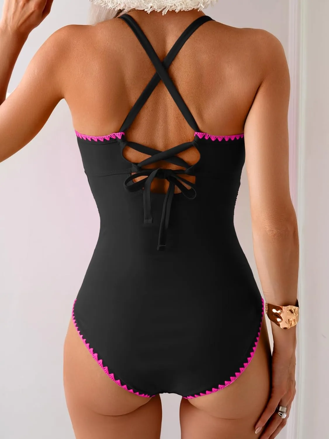 Eomenie Women's One Piece Swimsuit Tummy Control Slimming Bathing Suit Ruched Swimwear Tie Back Shell Stitch Swim Suit