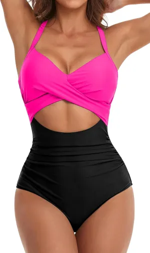 Eomenie Women's One Piece Swimsuits Tummy Control Cutout High Waisted Bathing Suit Wrap Tie Back 1 Piece Swimsuit