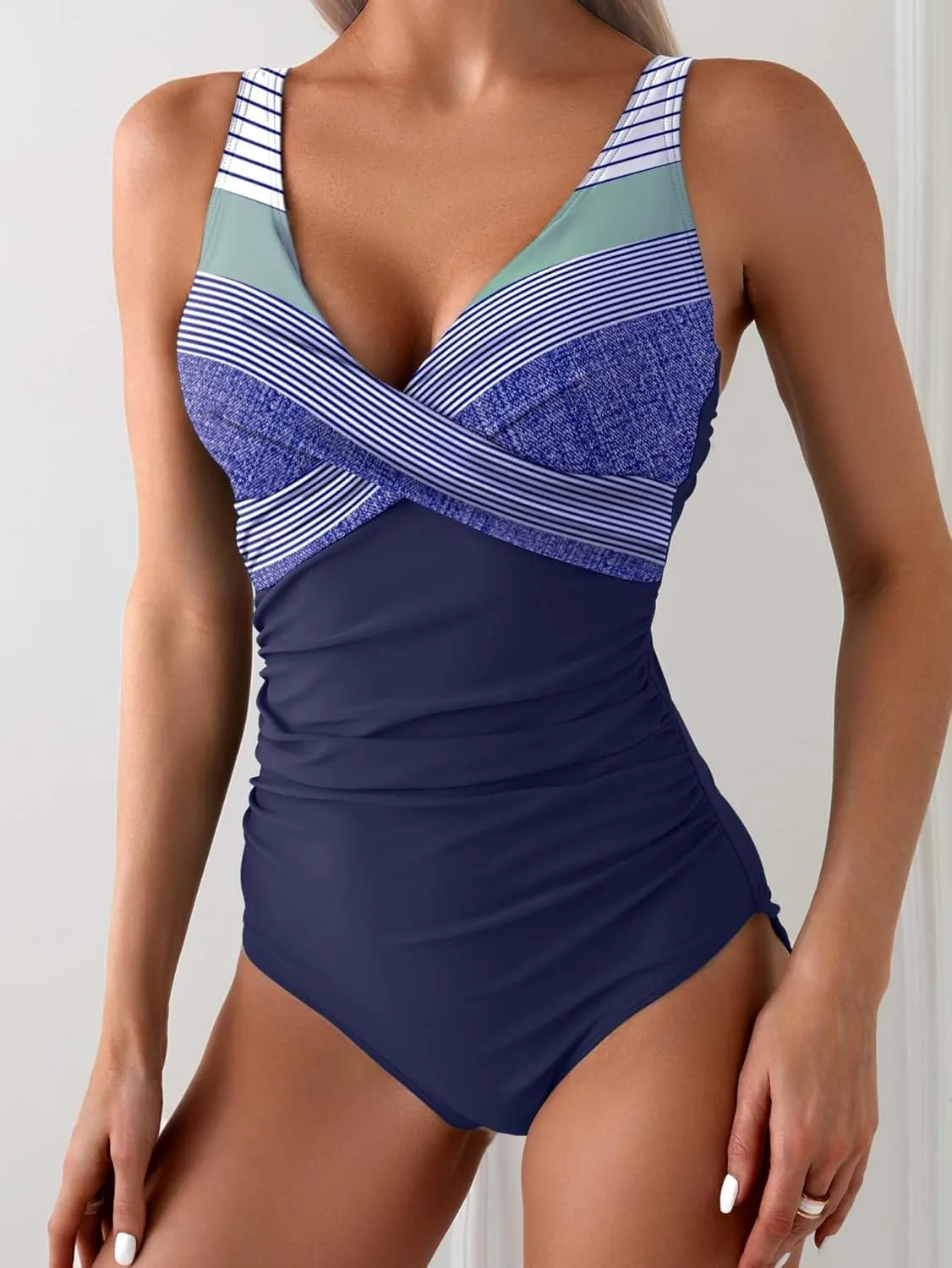 Eomenie Women's One Piece Swimsuits Tummy Control Ruched Push Up Bathing Suit Tie Back Slimming Swimwear