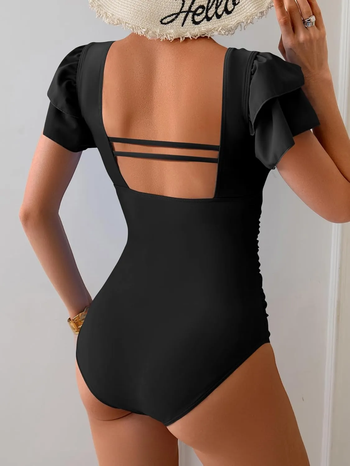 Eomenie Women's Tummy Control One Piece Swimsuit Ruffle Square Neck Bathing Suit Ruched Cutout Back Slimming Swimwear