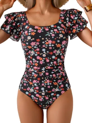 Eomenie Women's Tummy Control One Piece Swimsuit Ruffle Square Neck Bathing Suit Ruched Cutout Back Slimming Swimwear