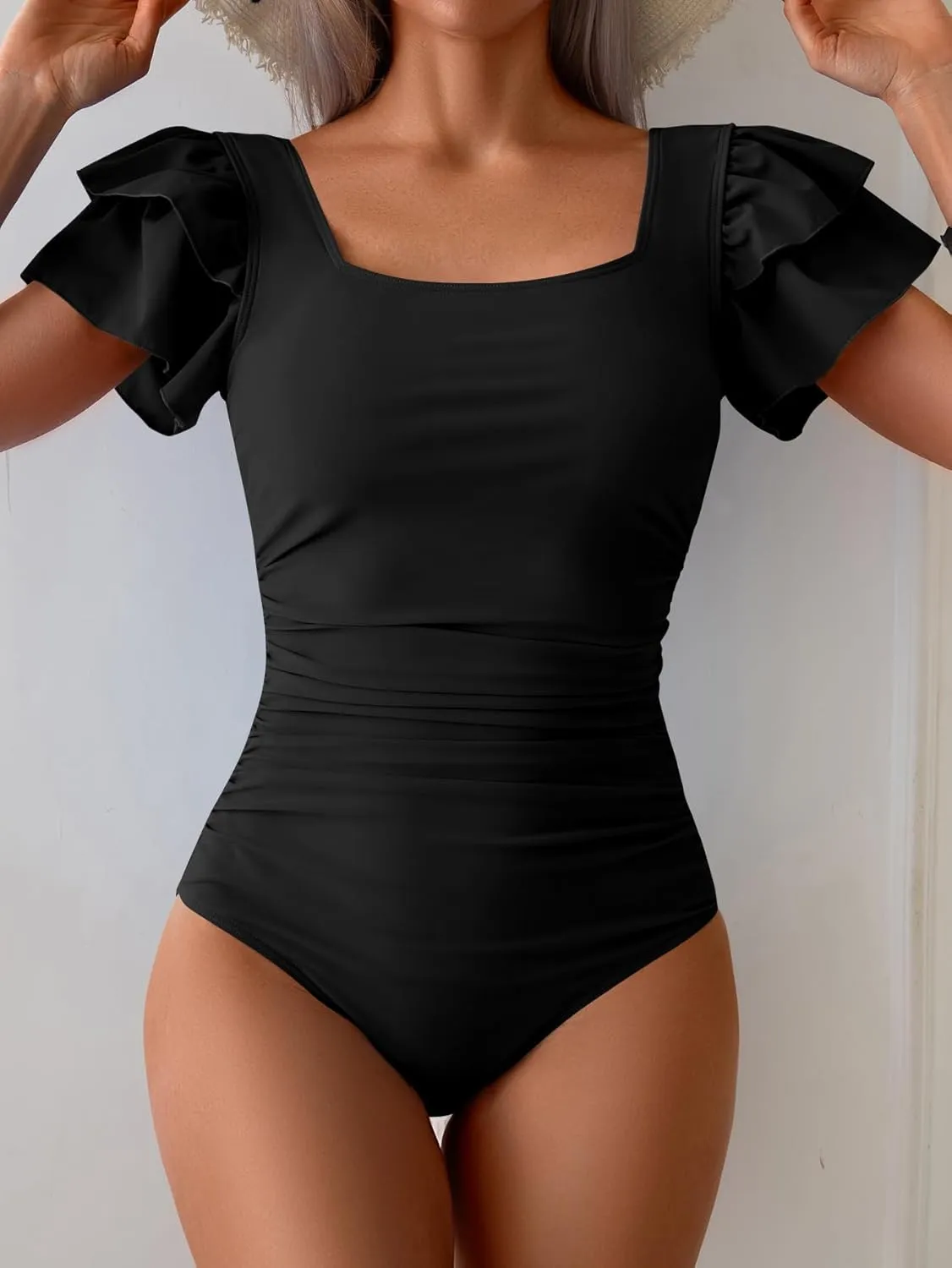 Eomenie Women's Tummy Control One Piece Swimsuit Ruffle Square Neck Bathing Suit Ruched Cutout Back Slimming Swimwear