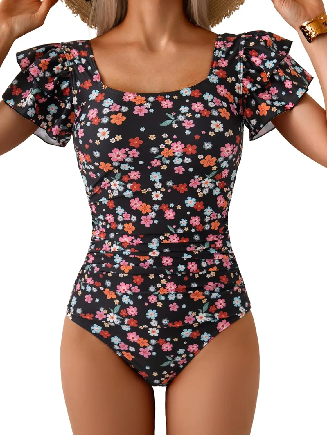 Eomenie Women's Tummy Control One Piece Swimsuit Ruffle Square Neck Bathing Suit Ruched Cutout Back Slimming Swimwear