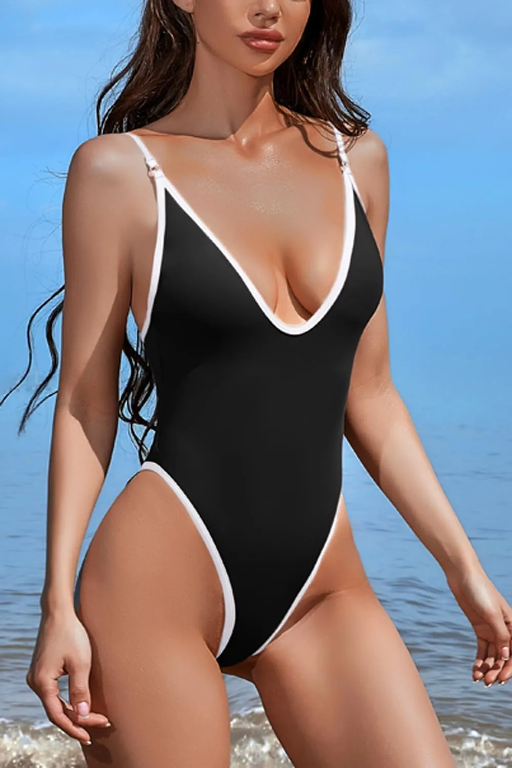 ESONLAR Women's Sexy Plunging V Neck Bathing Suit Open Back One Piece Swimsuits