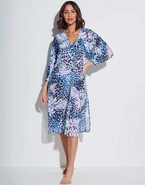 Ethnic Palm Midi Beach Shirt - Blue