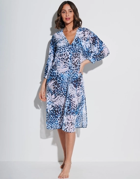Ethnic Palm Midi Beach Shirt - Blue