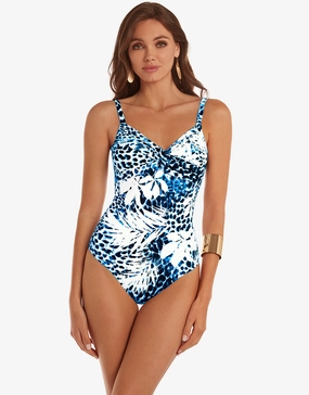 Ethnic Palm Underwired Crossover Swimsuit - Blue