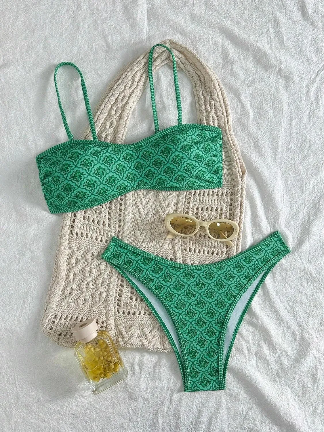 Fanuerg Women's Bandeau Bikini Sets Removable Strap Two Piece Swimsuit High Cut Cheeky Bathing Suit