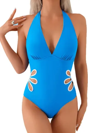 Fanuerg Women's One Piece Swimsuit Halter V Neck Color Block Swimwear Sexy Cutout Floral Bathing Suit