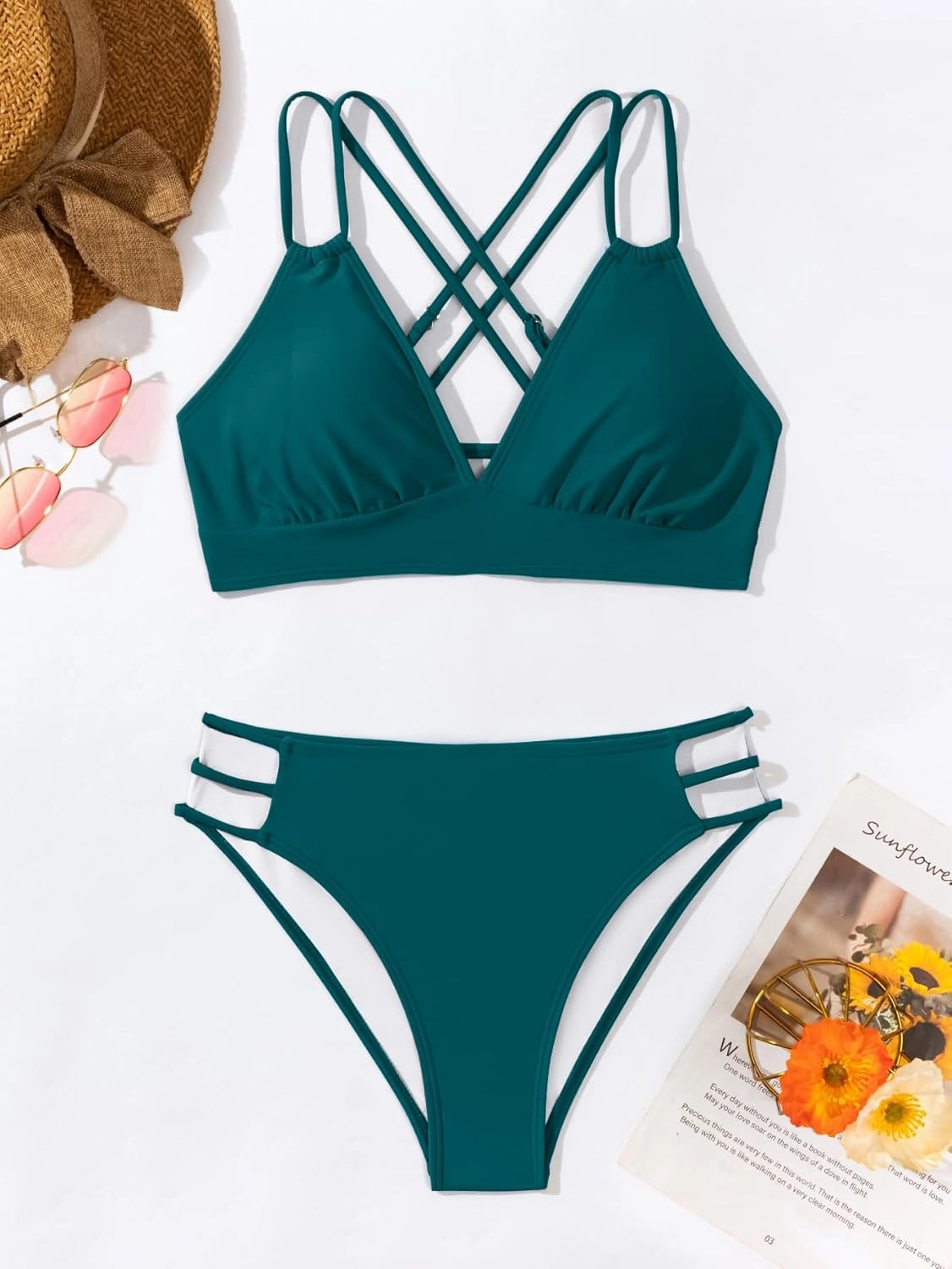Fanuerg Women's Sexy V Neck Bikini Sets Hollow Out Two Piece Swimsuits Cutout Mid Waist Bathing Suit