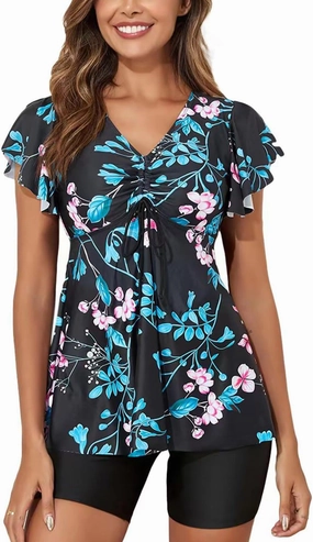 Fanuerg Women's Tankini Swimsuits Ruffled Flowy Tankini Tops with Boy Shorts Swimwear Tummy Control Two Piece Bathing Suits