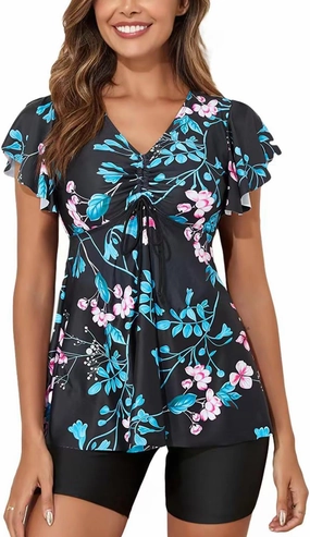 Fanuerg Women's Tankini Swimsuits Ruffled Flowy Tankini Tops with Boy Shorts Swimwear Tummy Control Two Piece Bathing Suits
