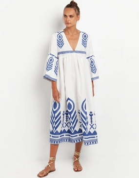 Feather Bell Sleeve Kaftan - White and Blue