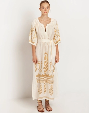 Feather Maxi Kaftan - Natural and Gold