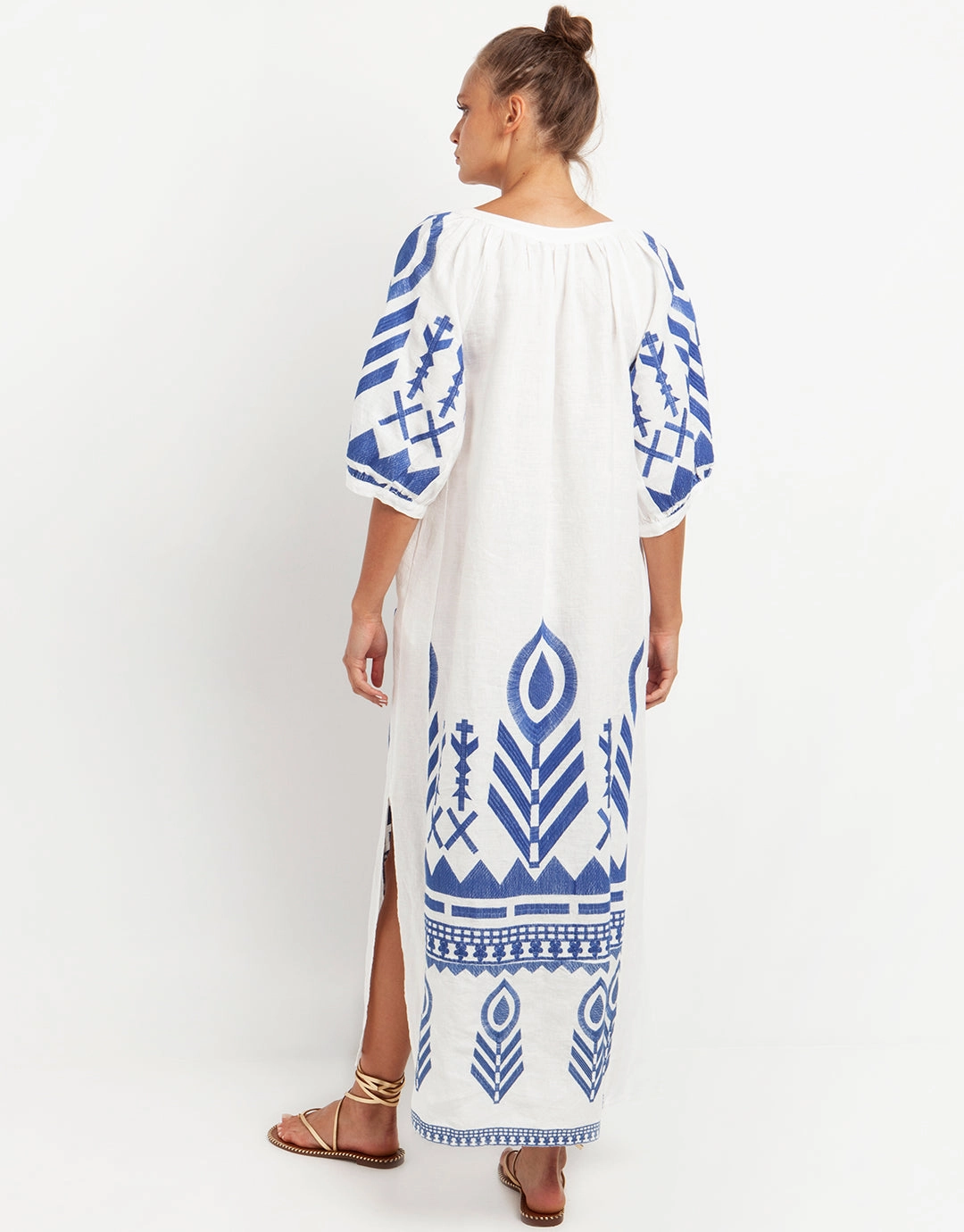 Feather Maxi Kaftan - White and Blue