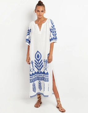 Feather Maxi Kaftan - White and Blue