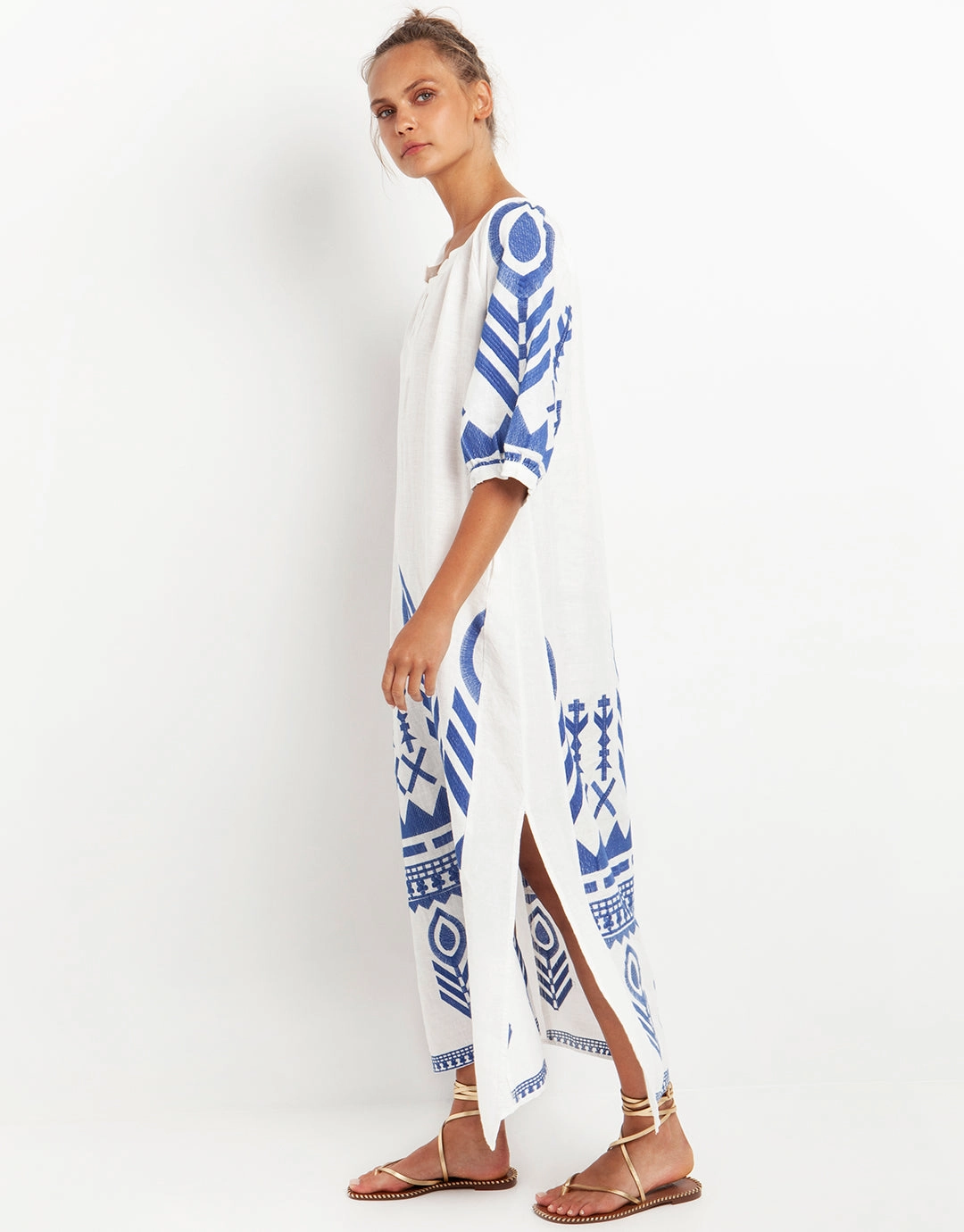 Feather Maxi Kaftan - White and Blue