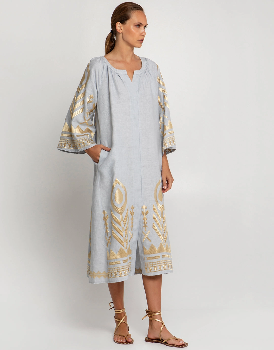 Feather Midi Kaftan - Light Grey and Gold