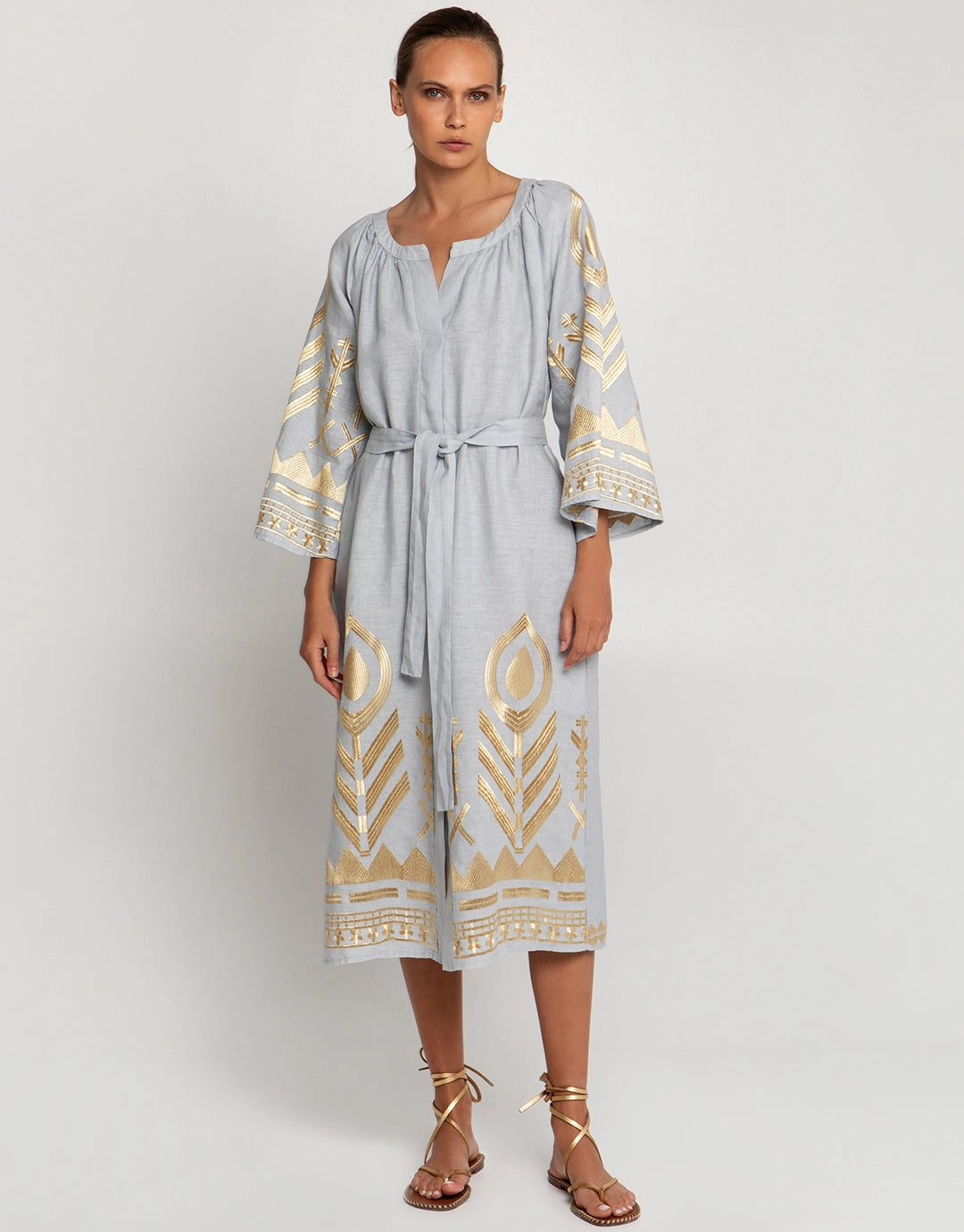 Feather Midi Kaftan - Light Grey and Gold