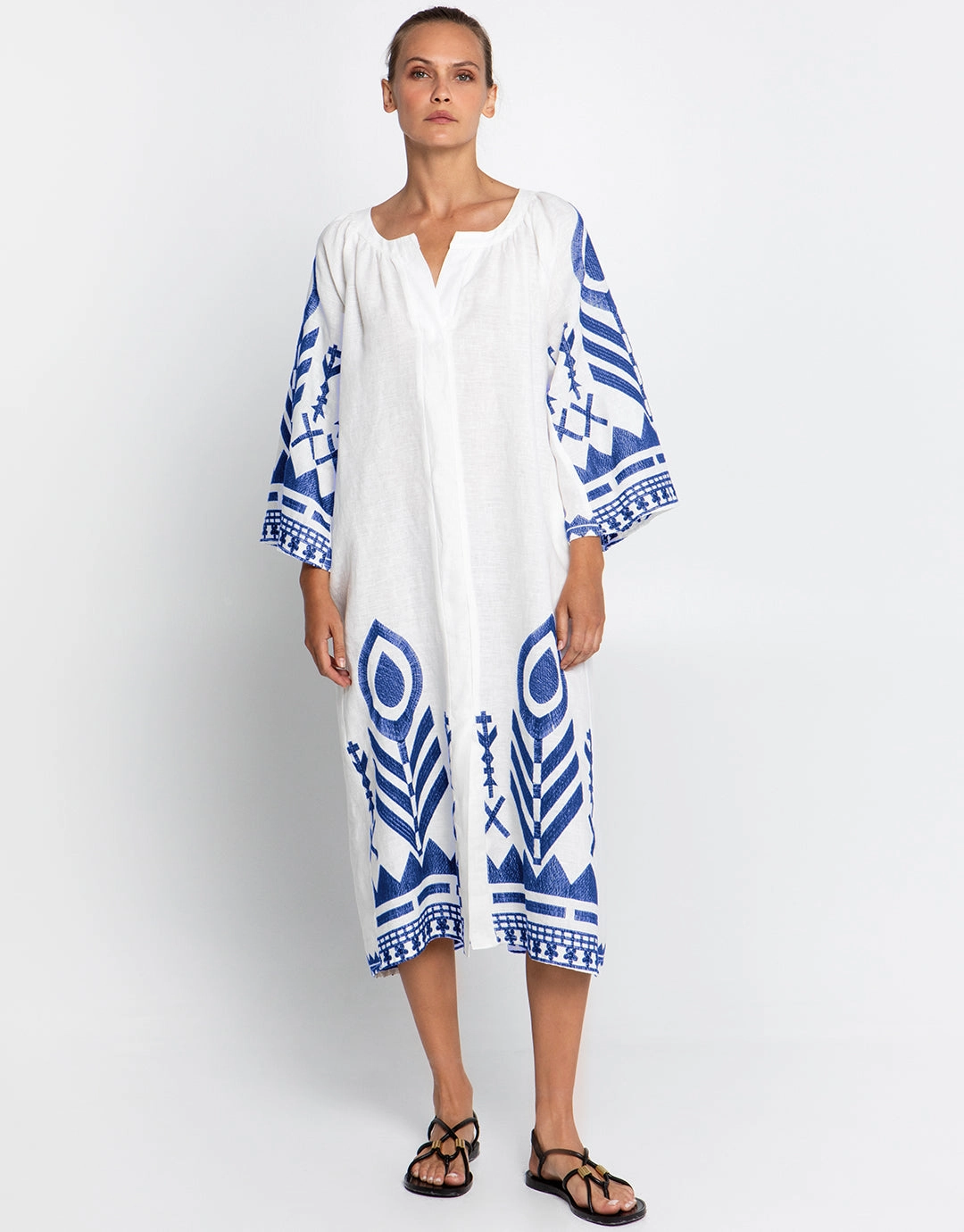 Feather Midi Kaftan  - White and Blue